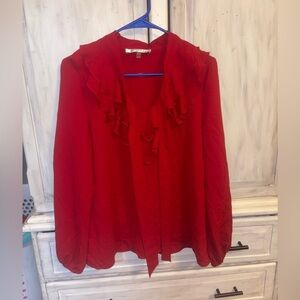 Vibrant Red Long Sleeve Ruffled Blouse